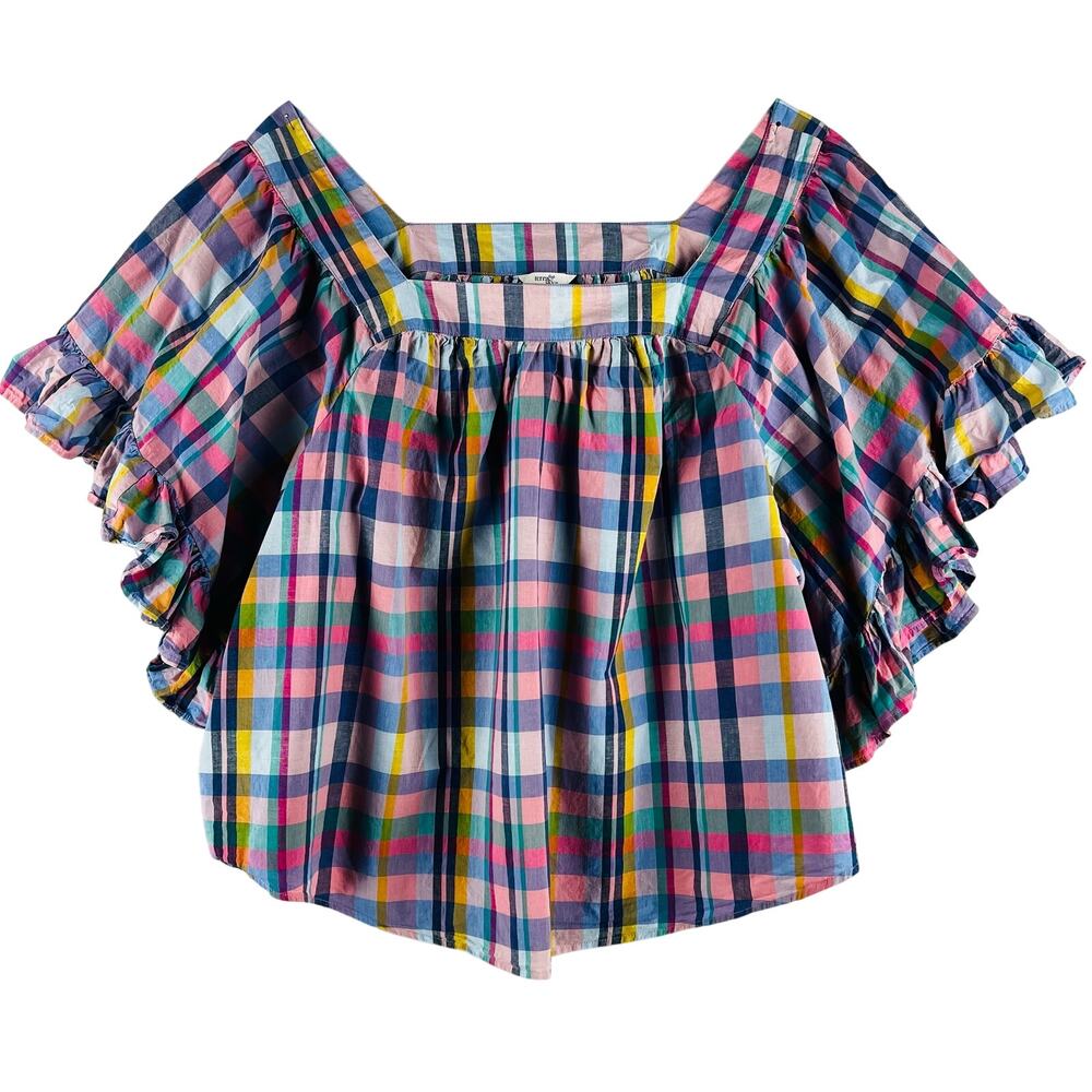 Terra & Sky WMNS Square Neck Peasant Top SZ 4X Multi Plaid Flutter Sleeve Cotton